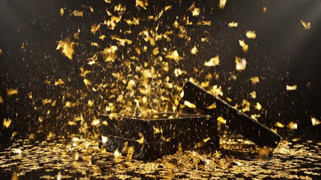 A dramatic shower of glittering golden confetti explodes instantly from an open black velvet gift box in an intense ultra slow motion reveal festive, glamour, dynamic