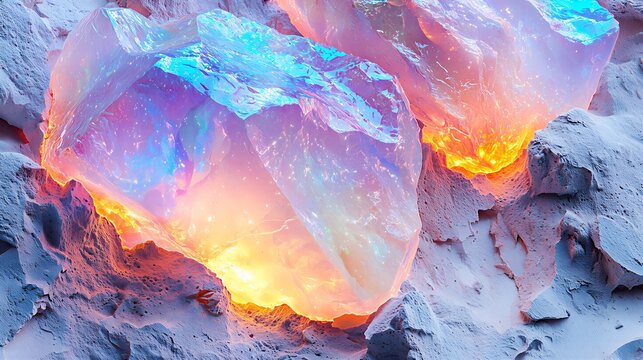 Luminous Raw Opal Crystal with Iridescent Multicolored Glow and Detailed Crystalline Texture in a Dark Stone Cave