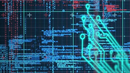 Animation of computer circuit board and data processing over grid - Powered by Adobe