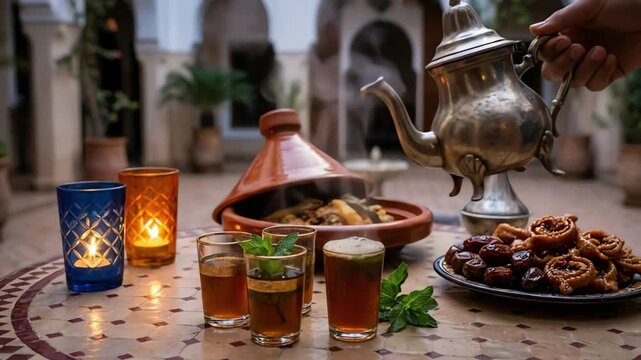 Hand pouring traditional mint tea from a silver teapot into glasses on a mosaic table with Moroccan food in a warm courtyard setting