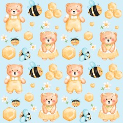 Fototapeta premium Honey Bee Daisy And Teddy Bear Pattern seamless 