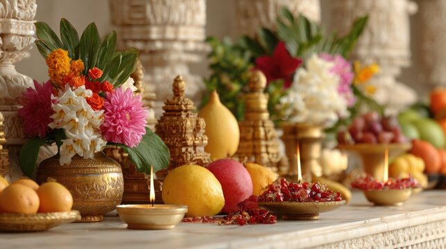 Vibrant display of fresh fruits and flowers, showcasing rich cul