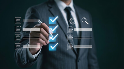 Businessman hand using pen to tick checkmark on virtual screen of checklist for survey assessment and quality compliance inspection concept