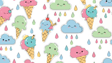 Adorable cartoon ice cream cones and smiling clouds with colorful raindrops