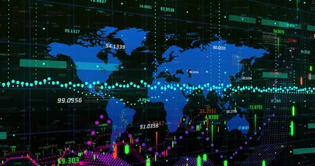Animation of data processing and qr code over world map on black background - Powered by Adobe
