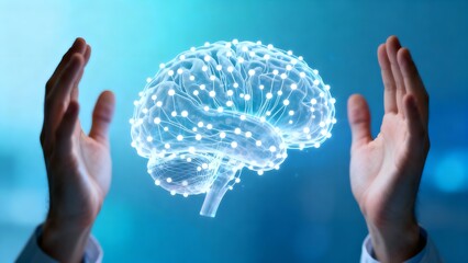 Businessman protecting a technological digital brain representing AI innovation