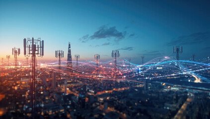 Smart city skyline with communication towers and dynamic data light trails dusk, futuristic mood