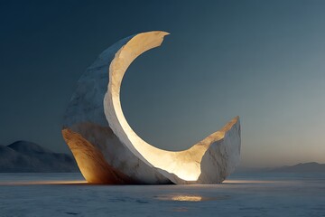 Large abstract sculpture in desert landscape at dusk with mountain backdrop