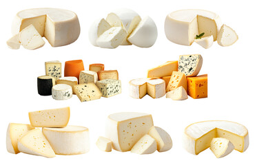 Various types of cheese wheels and wedges including soft, hard, blue, and aged styles, isolated on white background, concept of dairy variety