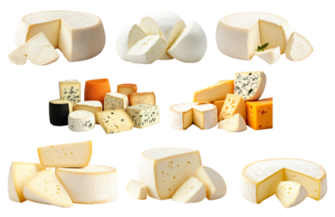 Various types of cheese wheels and wedges including soft, hard, blue, and aged styles, isolated on white background, concept of dairy variety