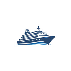 Fototapeta premium A stylized blue and white icon of a cruise ship sailing on waves, isolated on a white background. Ideal for travel, tourism, or maritime-themed branding and logos.
