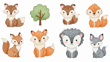 Fototapeta premium Adorable watercolor woodland creatures foxes, a hedgehog, and a wolf
