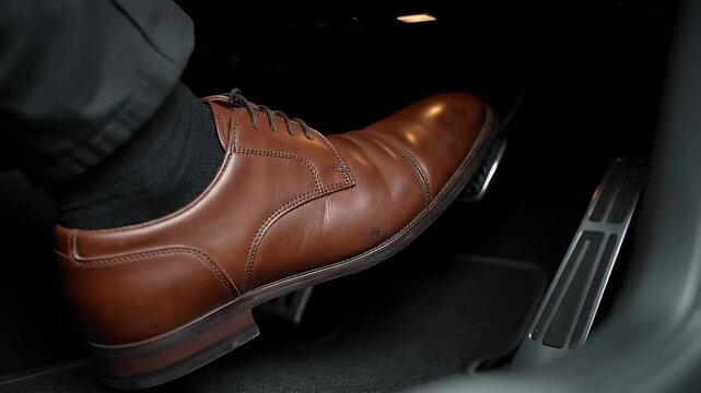 Close-up of a persons foot in a brown dress shoe pressing a cars accelerator pedal.