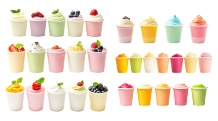 Set of strawberry, mango, raspberry and blueberry smoothie in glass with fresh fruit garnish, isolated on white background. Concept of refreshing summer drink