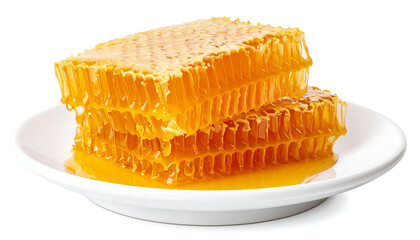  Golden honeycomb dripping with fresh honey on white plate