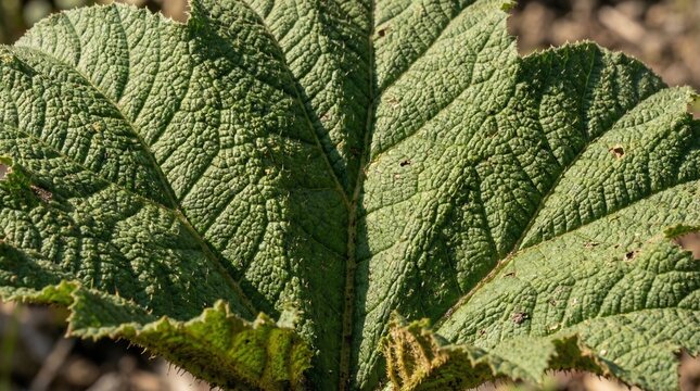 Full frame close up texture of giant Gunnera leaf surface and veins