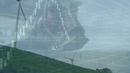 Animation of financial data processing over wind turbines and horse - Powered by Adobe