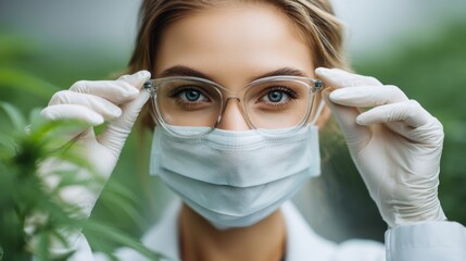 A young woman wearing a lab coat and protective gloves adjusts her glasses. She stands amidst lush green plants, focusing on her upcoming tasks in a research facility