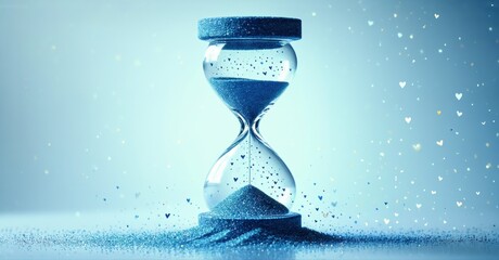 Hourglass shows time passing. Blue tones dominate image, creating ethereal effect. Sand falls, symbolizing fleeting moments.