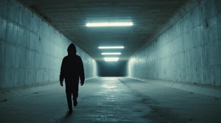 A solitary figure walks through a dimly lit concrete tunnel, creating a sense of mystery and suspense