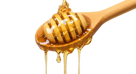 Golden honey dripping from a wooden dipper, a sweet natural food product