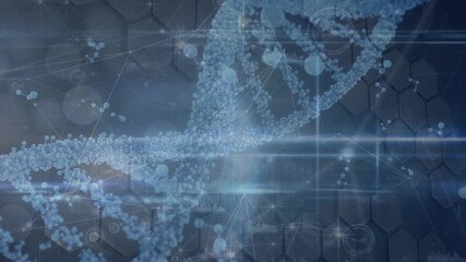 Animation of network of connections and dna over navy digital space - Powered by Adobe