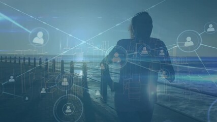 Animation of network of connections over caucasian woman running - Powered by Adobe