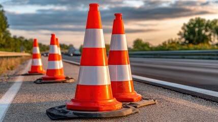 Traffic cones placed along a highway during sunset hours showing road construction and safety measures in progress