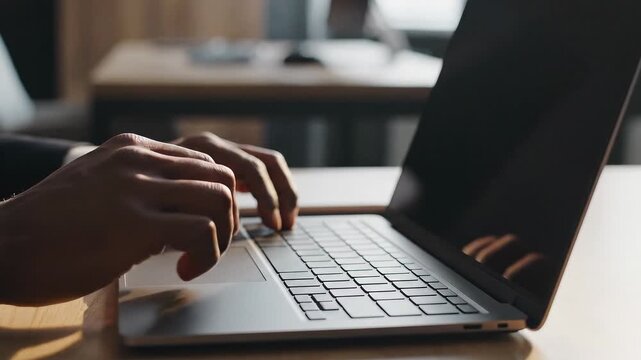 Person typing on laptop keyboard in a modern office environment from a close-up viewpoint