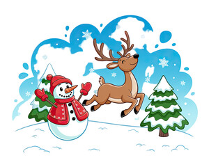 Snowman and reindeer in winter scene isolated on transparent background isolated on transparent background
