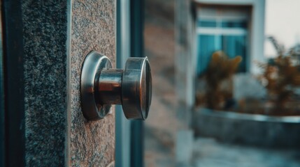 Close view of a door handle at an entrance of a building with blurred background and plants