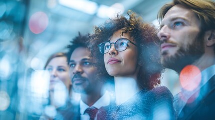 Confident business professionals standing together, looking into the future with focus