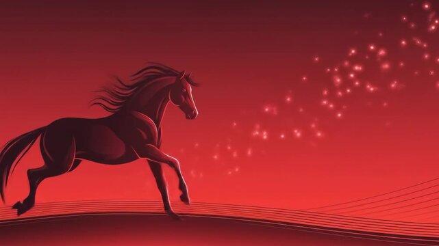 Mystical Horse Animation with Sparkling Lights on Red Background.