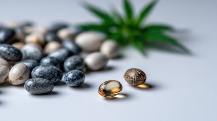 Obraz premium Variety of seeds and capsules placed on a surface with green leaves in the background during daylight