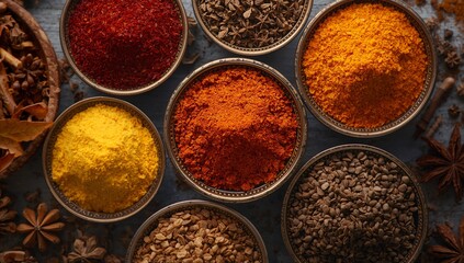 Colorful Spices in Bowls on Rustic Table for Culinary Inspiration
