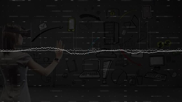 Animation of data processing and icons over caucasian woman using vr headset