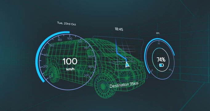 Animation of speedometer and power level over van project on black background