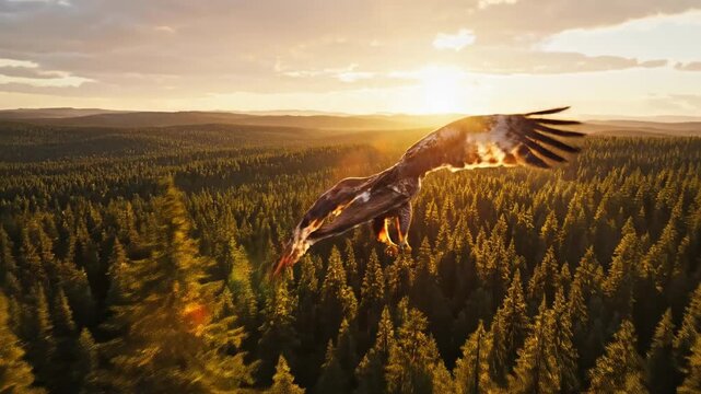 A magnificent large raptor bird navigates swiftly above an expansive evergreen forest canopy during the soft light of the golden hour landscape, power, swift movement