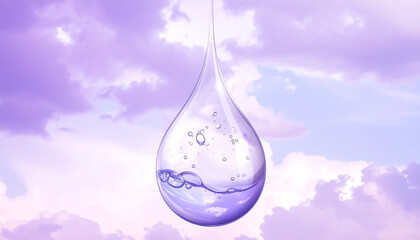Suspended water droplet with infinity and alpha symbols in pastel sky