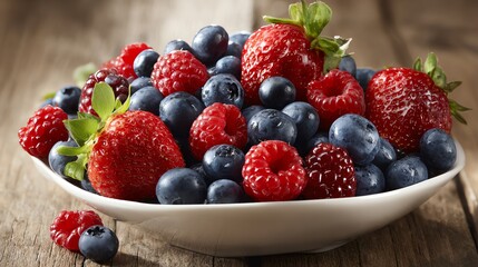 Abundant Bowl of Fresh Mixed Berries on Rustic Wood