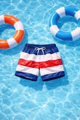Summer essentials: swimming trunks and floats, ready for a fun day at the pool.