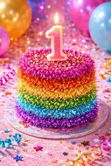 A vibrant first birthday cake decorated with rainbow tinsel and a number one candle.
