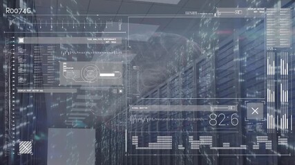 Animation of interface with data processing over spinning globe against computer server room - Powered by Adobe