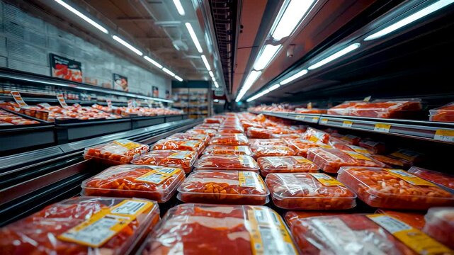 Supermarket Meat Section Packed Red Beef Packages Fluorescent Lights Long Aisle Display