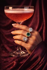 Elegant hand with rings holding a sparkling beverage against a velvet backdrop.