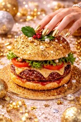 A festive burger decorated with gold glitter and pearls for a celebratory feel.