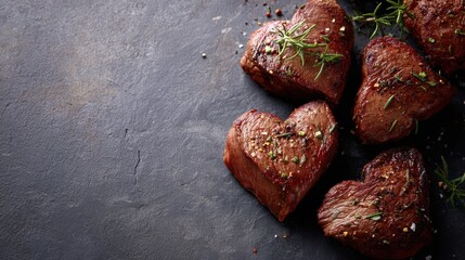 Heart-shaped roasted beef steaks, lightly to well-done, seasoned with herbs and spices, stone background, space for message