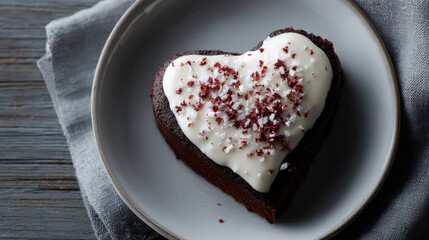 Romantic dessert flat lay: heart-shaped chocolate cake with white icing and red flakes, industrial rustic table, text space included
