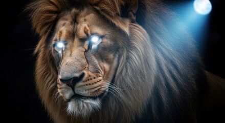 Fototapeta premium Majestic Lion with Glowing Blue Eyes Staring Intensely in Darkness, Symbolizing Digital Vision, Ultimate Strength, and Corporate Dominance.