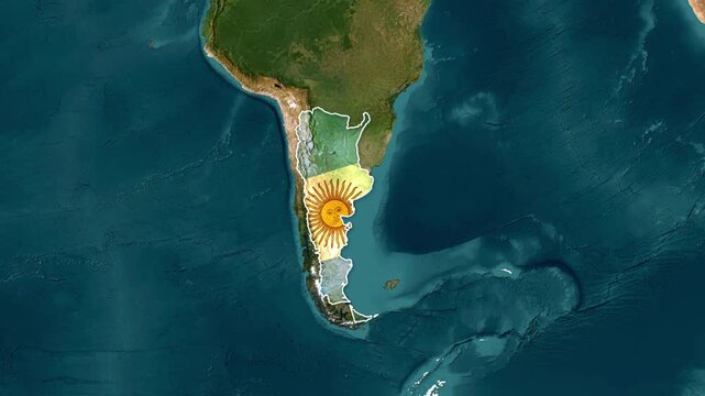 Argentina's geographical shape highlighted with the sun of may on a world map Animation
